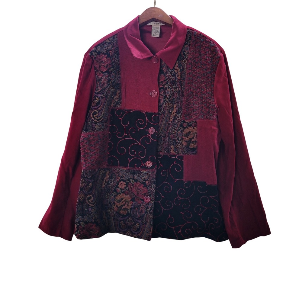 Notations Patchwork‎ Paisley Tapestry Art to Wear Button Up Jacket Burgundy XL